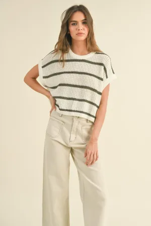 Maggie Stripe Cap Sleeve Sweater in Olive Stripe Everyday Fashion