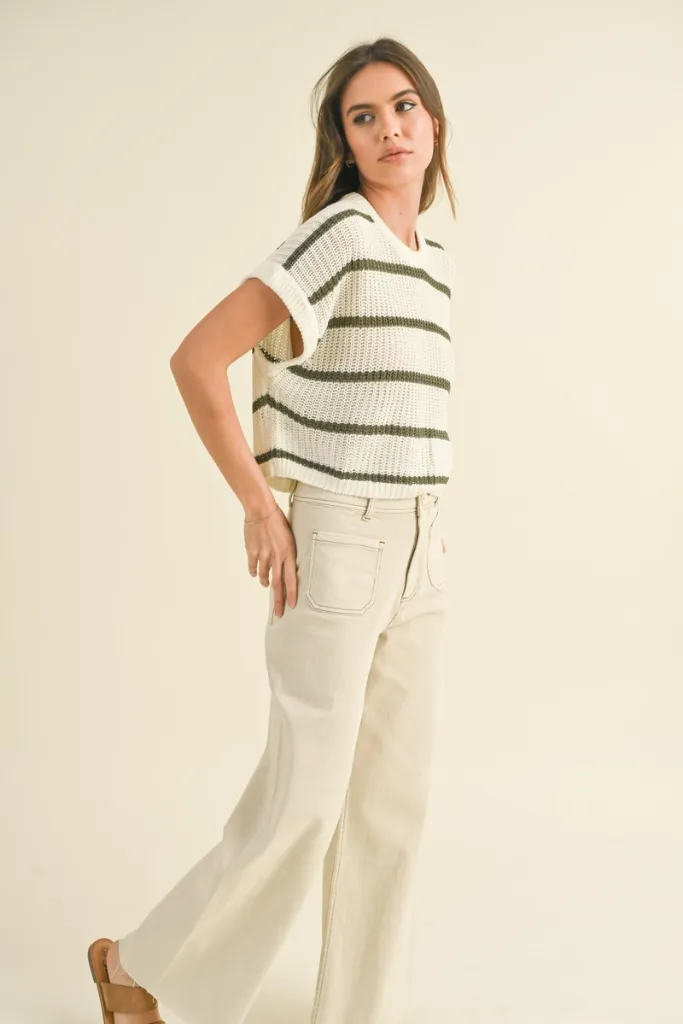 Thermoregulating Fabric Maggie Stripe Cap Sleeve Sweater in Olive Stripe