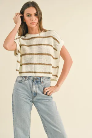 Layered Neckline Maggie Stripe Cap Sleeve Sweater in Stone Stripe