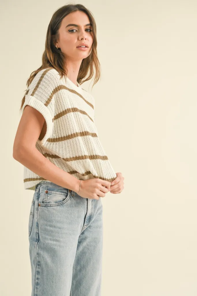 Wrinkle Resistant Textile Maggie Stripe Cap Sleeve Sweater in Stone Stripe