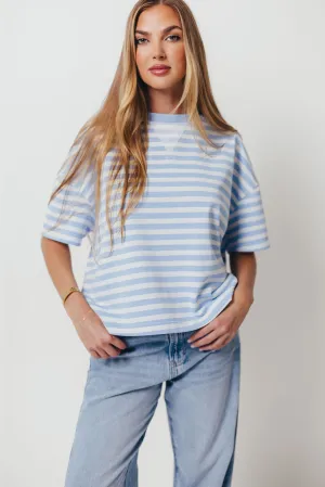Izzy Striped French Terry Boxy Top in Sky/White Smooth Stitching