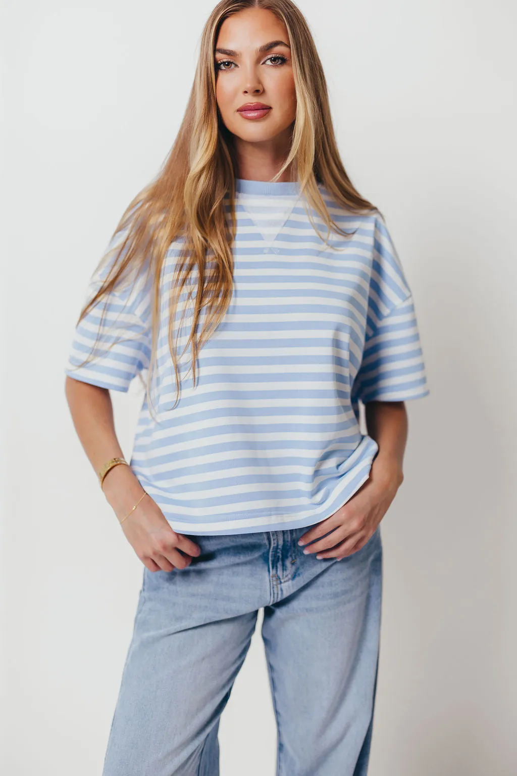 Izzy Striped French Terry Boxy Top in Sky/White Smooth Stitching
