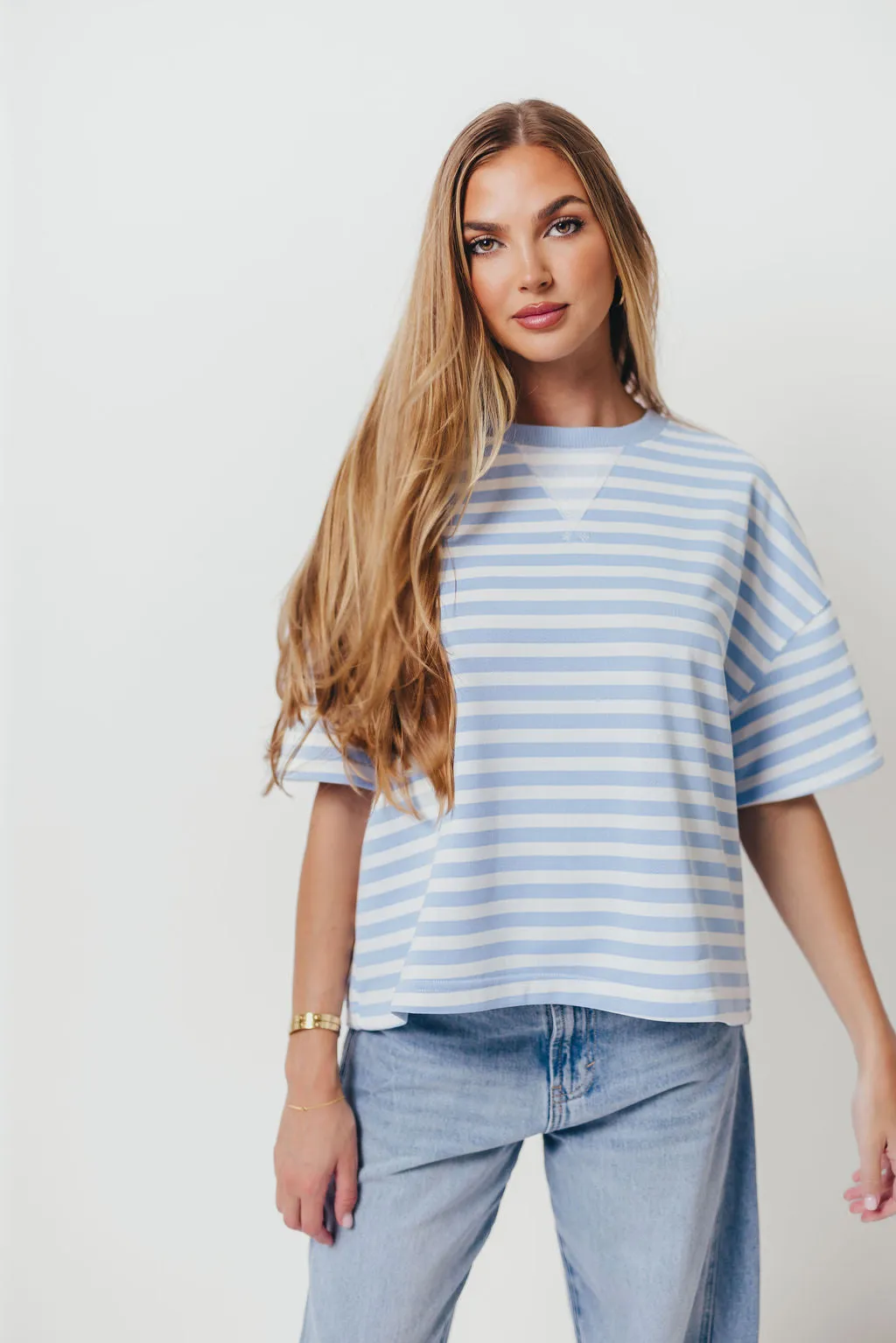 Izzy Striped French Terry Boxy Top in Sky/White Stretch Blouse