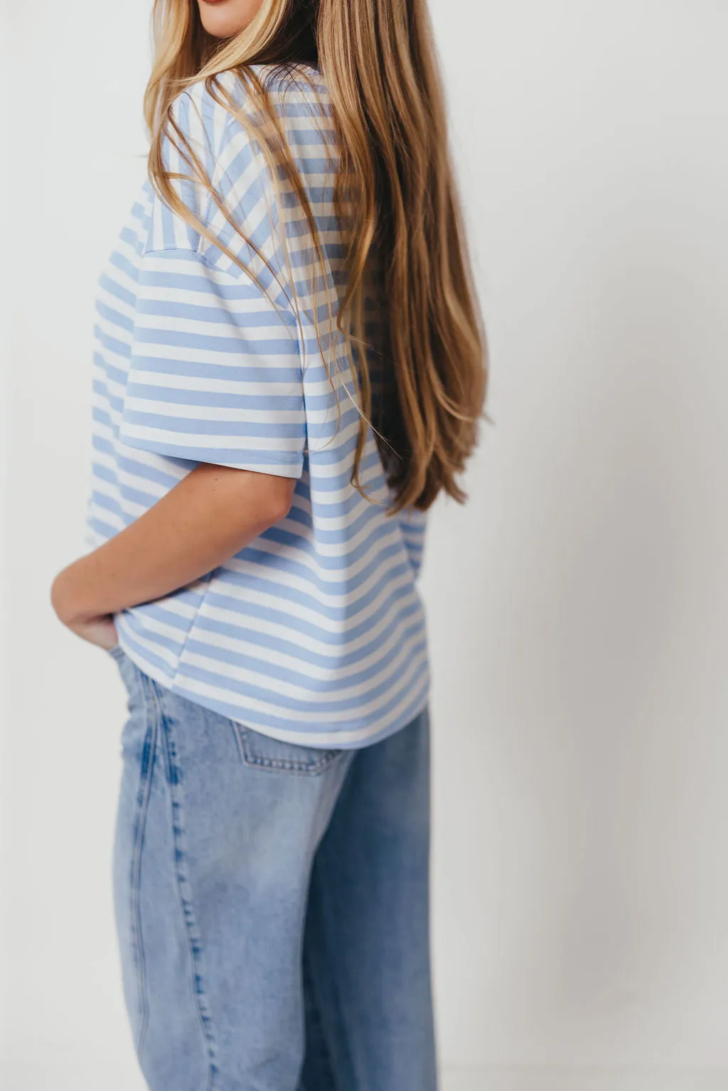 StretchFabric Izzy Striped French Terry Boxy Top in Sky/White