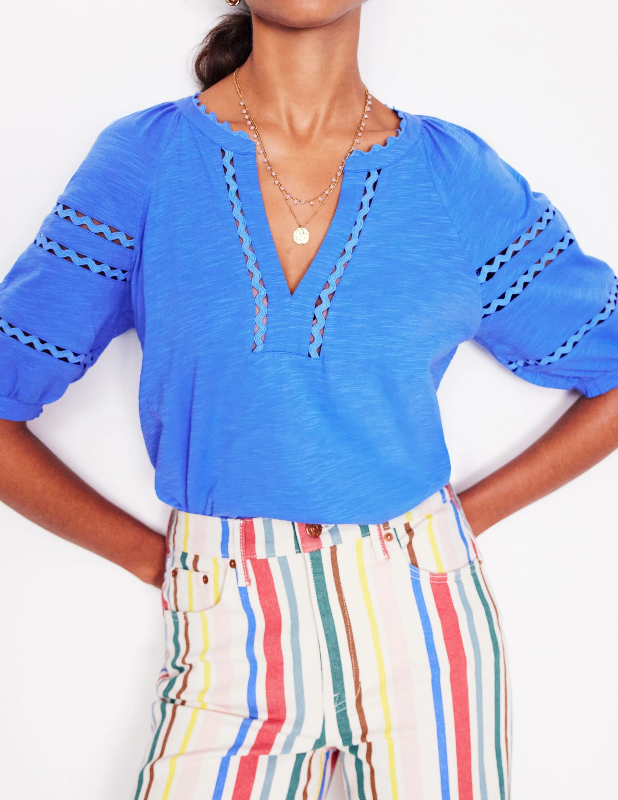 Basic Wardrobe Maisy Rikrak Trim Top-Ocean Blue