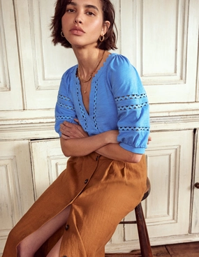 Maisy Rikrak Trim Top-Ocean Blue Cozy Knit