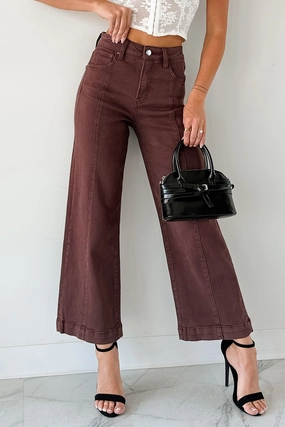 Odor Neutralizing Technology Maizie Tummy Control Wide Leg Cropped Risen Jeans (Choco Brown)