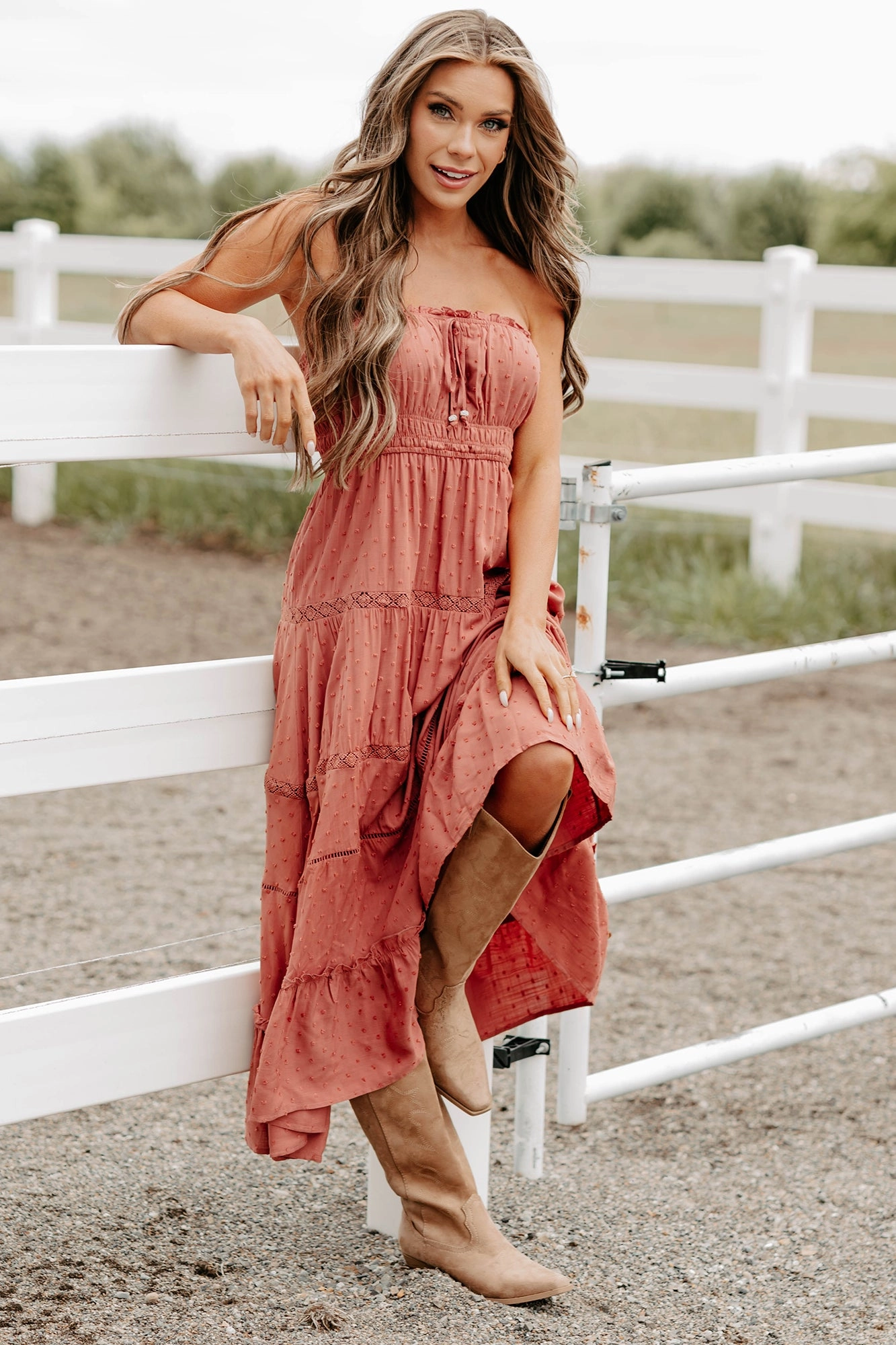 Rosy Routine Strapless Maxi Dress (Dusty Terracotta) Comfortable Waist