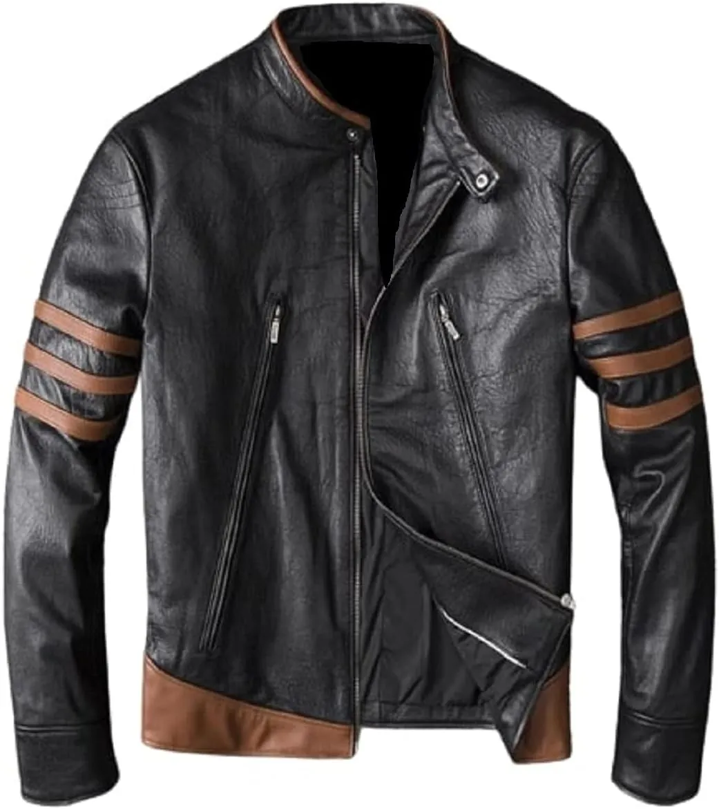 Man's Wolverine Moto & Biker Style Black With Distressed Brown Stripes Vintage Leather Jacket, X-Large