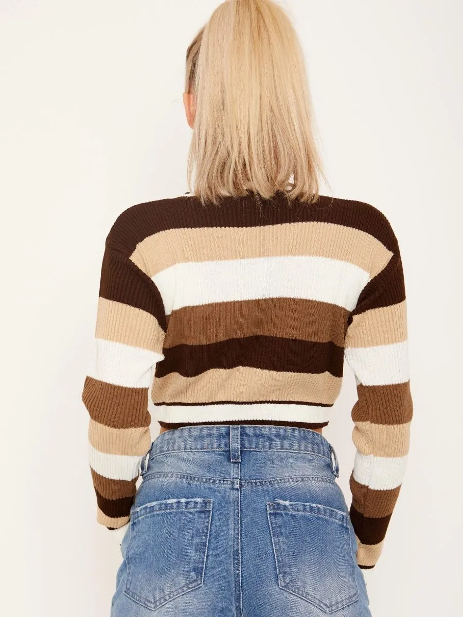 Maraya Striped Knitted Cropped Cardigan In Brown