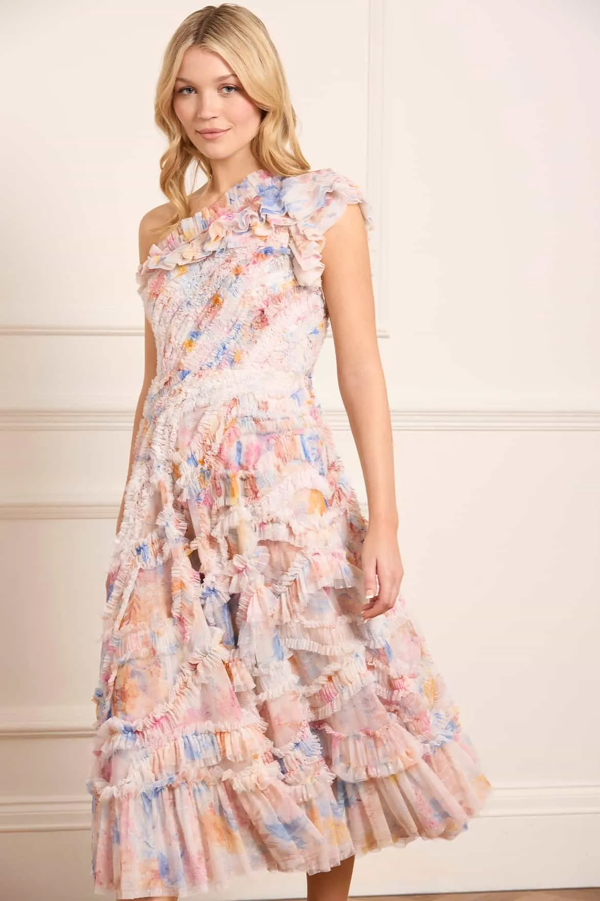Polished Layer Zip-Closure Mariannes Floral Aaliyah One-Shoulder Ballerina Dress