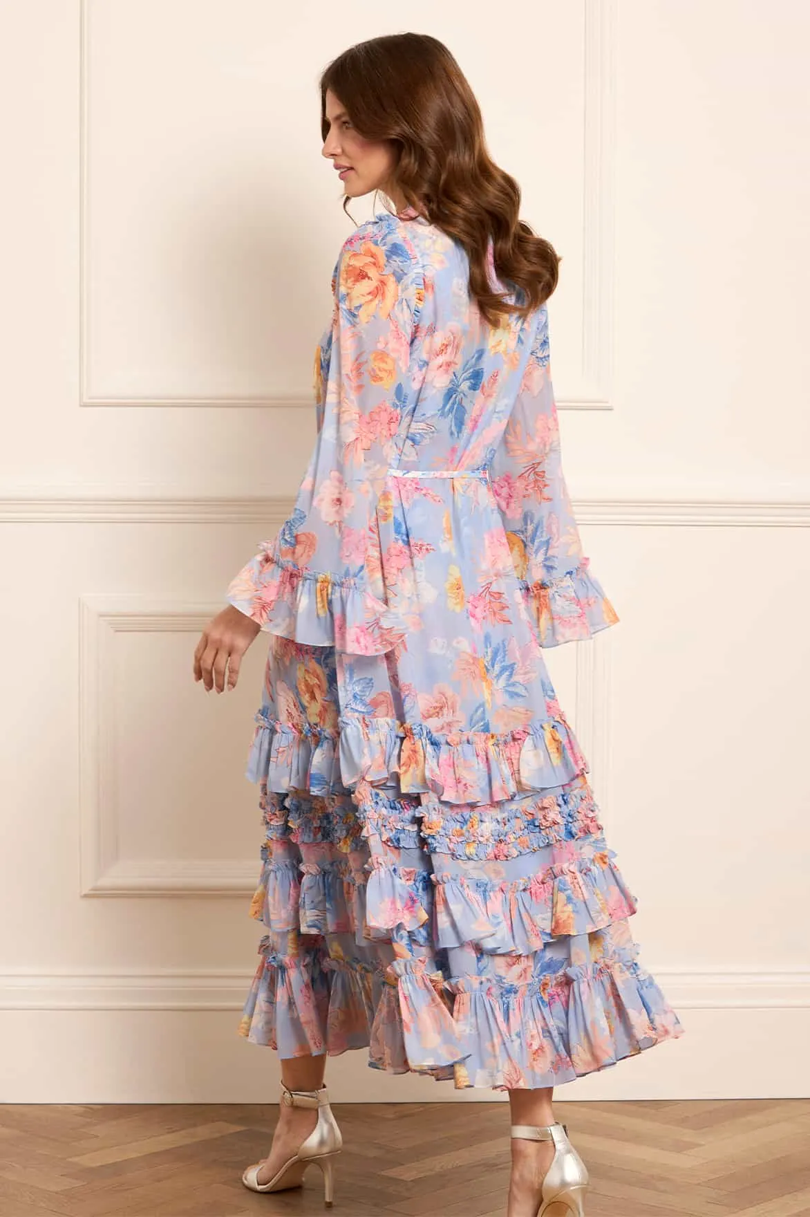 Mariannes Floral Chiffon Round Neck Ankle Gown Vibrant Waist