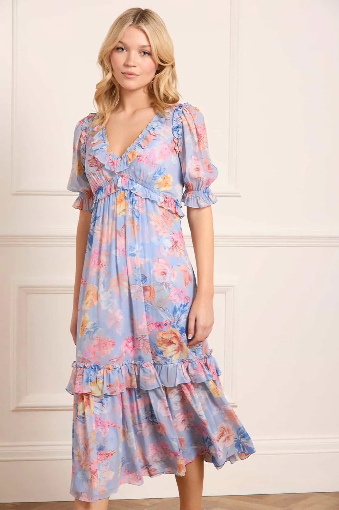 Mariannes Floral Chiffon Short Sleeve Ballerina Dress Fall Go Cozy Base