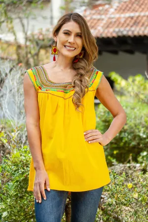 Marigold Summer Handwoven Saffron Cotton Sleeveless Blouse from Mexico