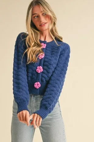 Marsha Textured Knit Rosette Detail Sweater Cardigan