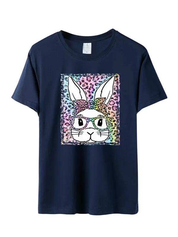 Martha Women's Easter Leopard Bunny Print Short Sleeve T-Shirt