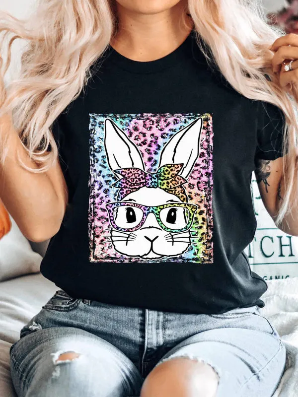 Martha Women's Easter Leopard Bunny Print Short Sleeve T-Shirt