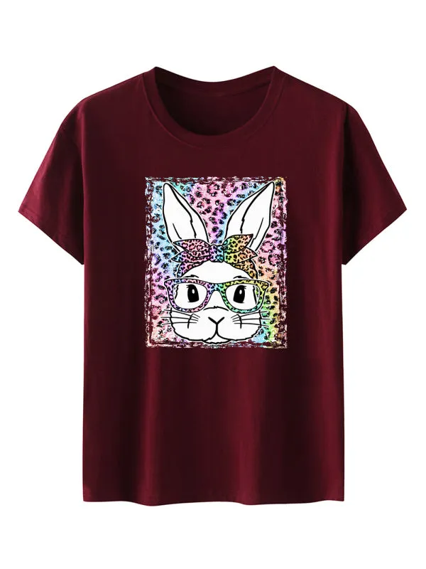 Martha Women's Easter Leopard Bunny Print Short Sleeve T-Shirt