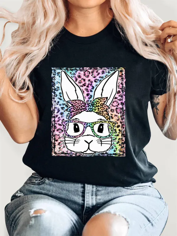 Martha Women's Easter Leopard Bunny Print Short Sleeve T-Shirt
