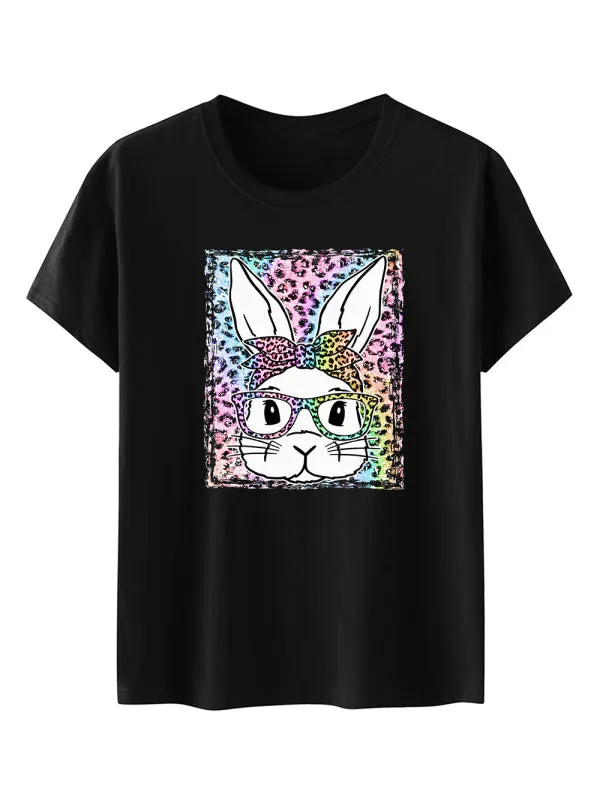 Martha Women's Easter Leopard Bunny Print Short Sleeve T-Shirt