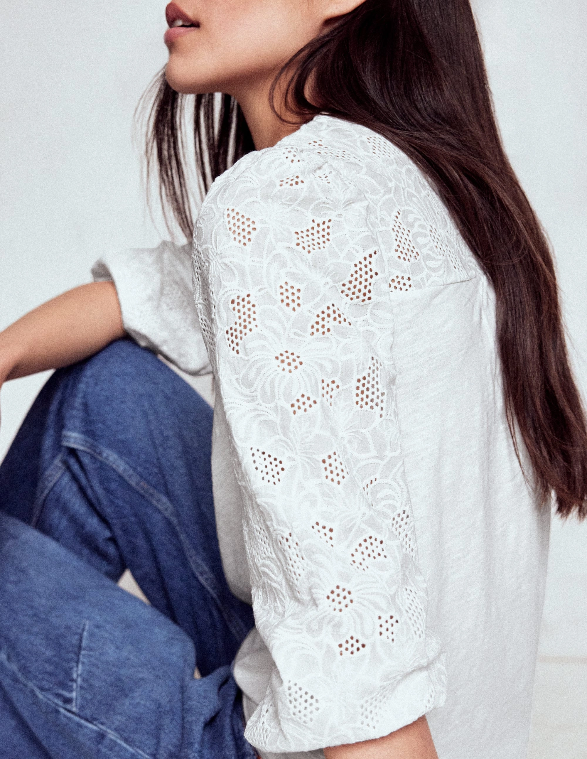 May Broderie Top-White Sustainable Fabric Blend High Stretch Fabric