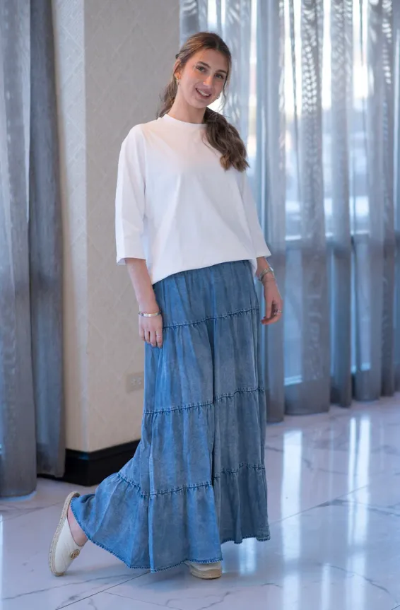 Mayas Place Denim Tiered Maxi Skirt Mood Outfitboard Rolled Hem