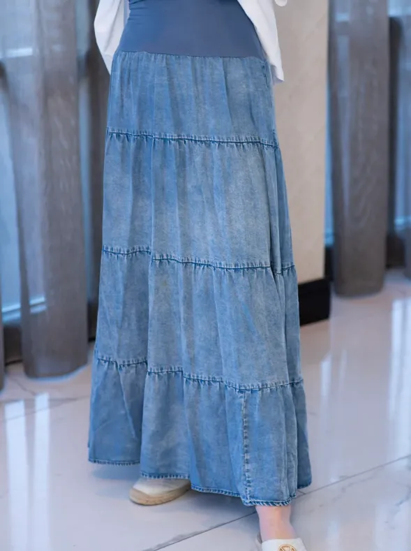 Mayas Place Denim Tiered Maxi Skirt Fringe Detail Abstract Motif