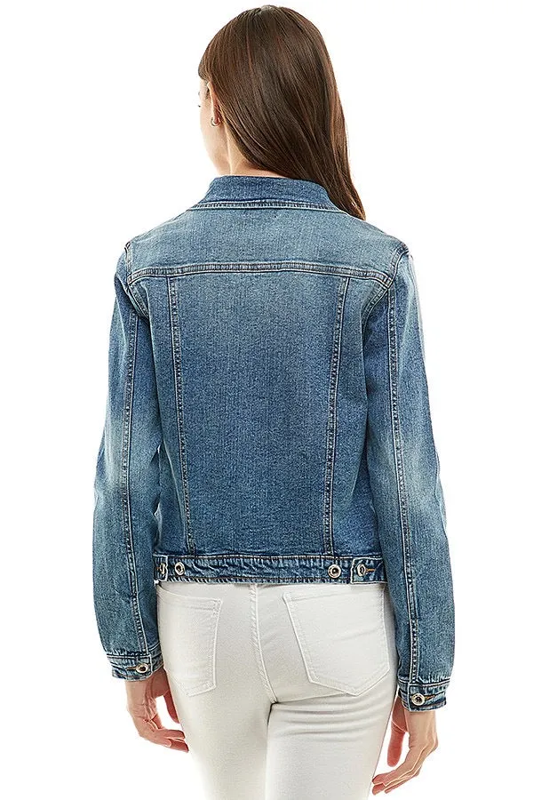 Medium Blue Stretched Ladies Casual Denim Jacket