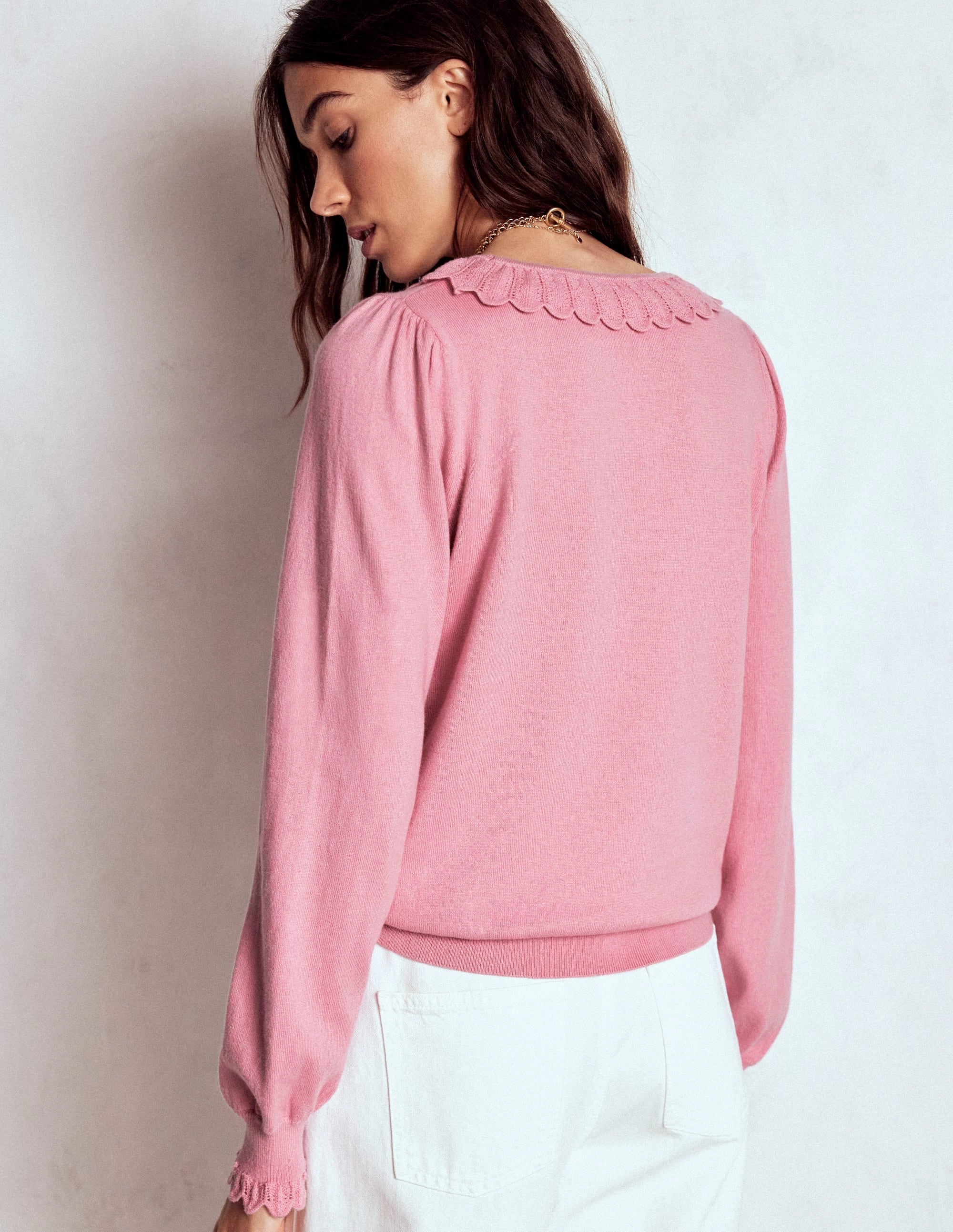 Breathable Openwork Knit City Casual Style Melina Cotton Ruffle Jumper-Formica Pink