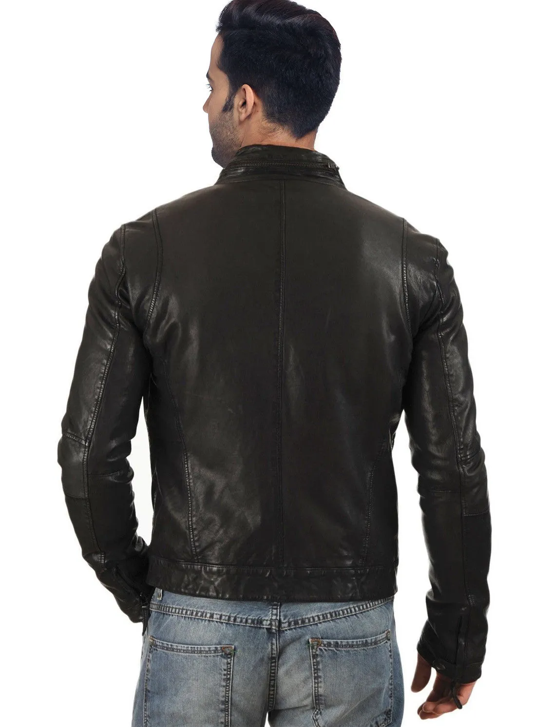 Men Basic Front Pocket  Biker Leather Jacket