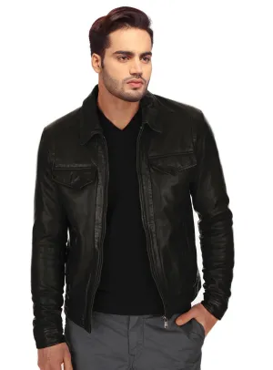 Men Basic Front Pocket  Biker Leather Jacket