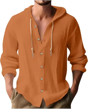 Men Casual Button Down Shirts Long Sleeve Hooded Pollover Tops Fashion Solid Cotton Linen Shirts Quick Dry