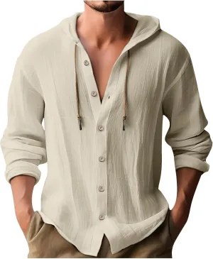 Men Casual Button Down Shirts Long Sleeve Hooded Pollover Tops Fashion Solid Cotton Linen Shirts Quick Dry