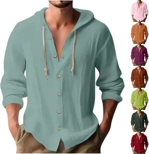 Men Casual Button Down Shirts Long Sleeve Hooded Pollover Tops Fashion Solid Cotton Linen Shirts Quick Dry
