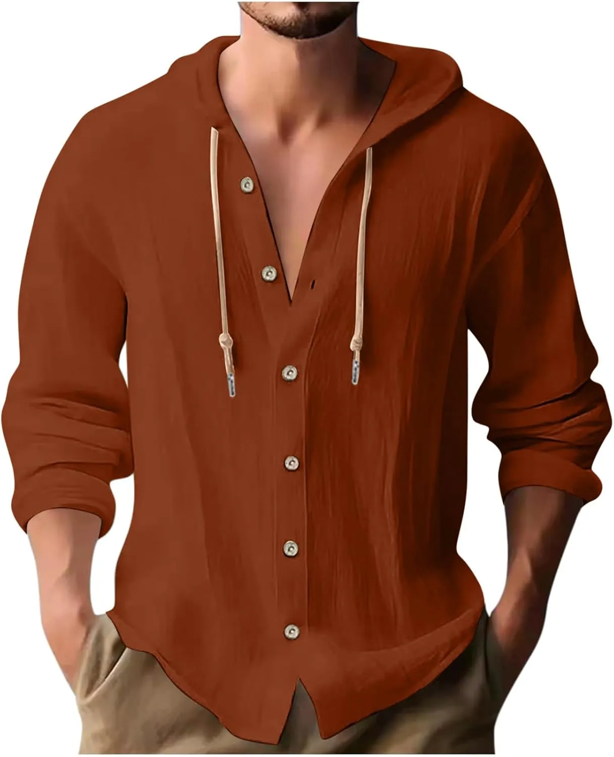 Men Casual Button Down Shirts Long Sleeve Hooded Pollover Tops Fashion Solid Cotton Linen Shirts Quick Dry