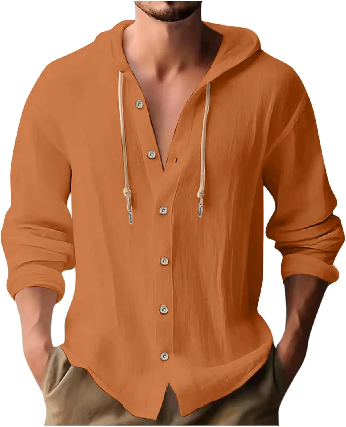 Men Casual Button Down Shirts Long Sleeve Hooded Pollover Tops Fashion Solid Cotton Linen Shirts Quick Dry