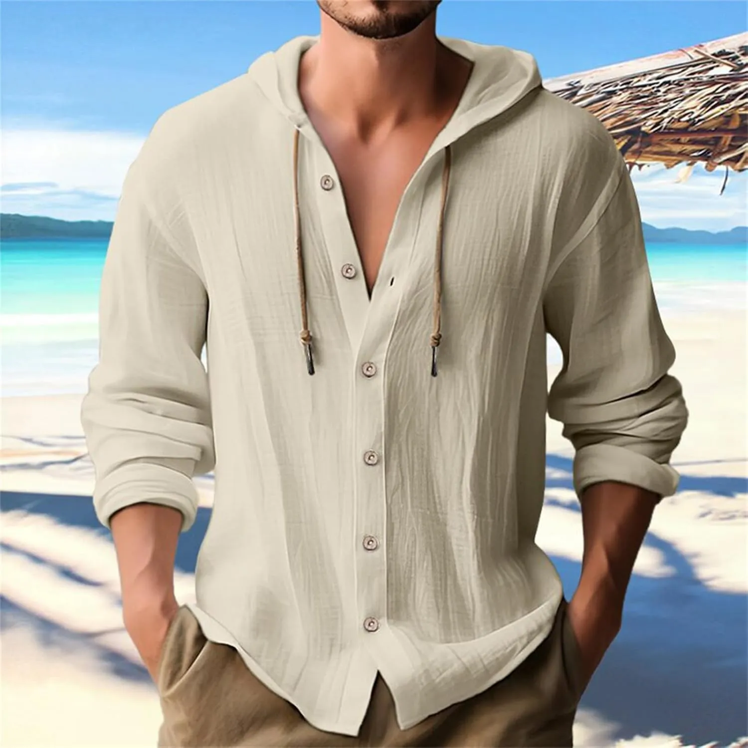 Men Casual Button Down Shirts Long Sleeve Hooded Pollover Tops Fashion Solid Cotton Linen Shirts Quick Dry