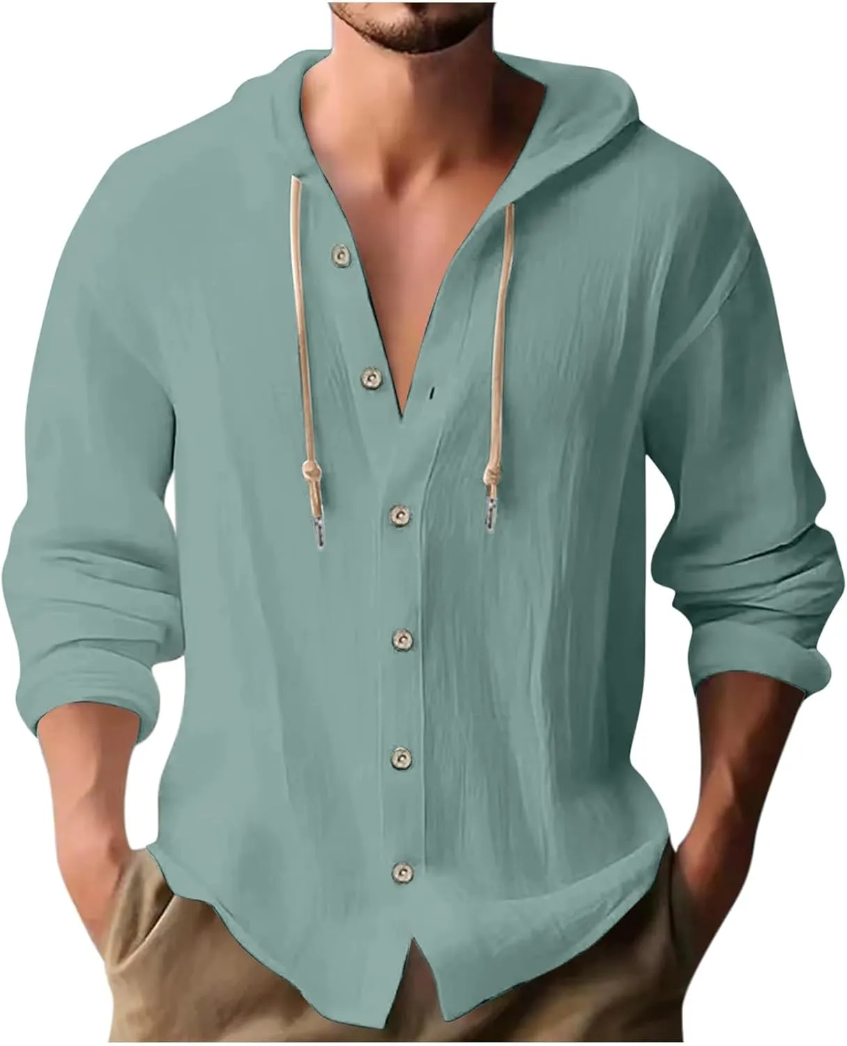 Men Casual Button Down Shirts Long Sleeve Hooded Pollover Tops Fashion Solid Cotton Linen Shirts Quick Dry