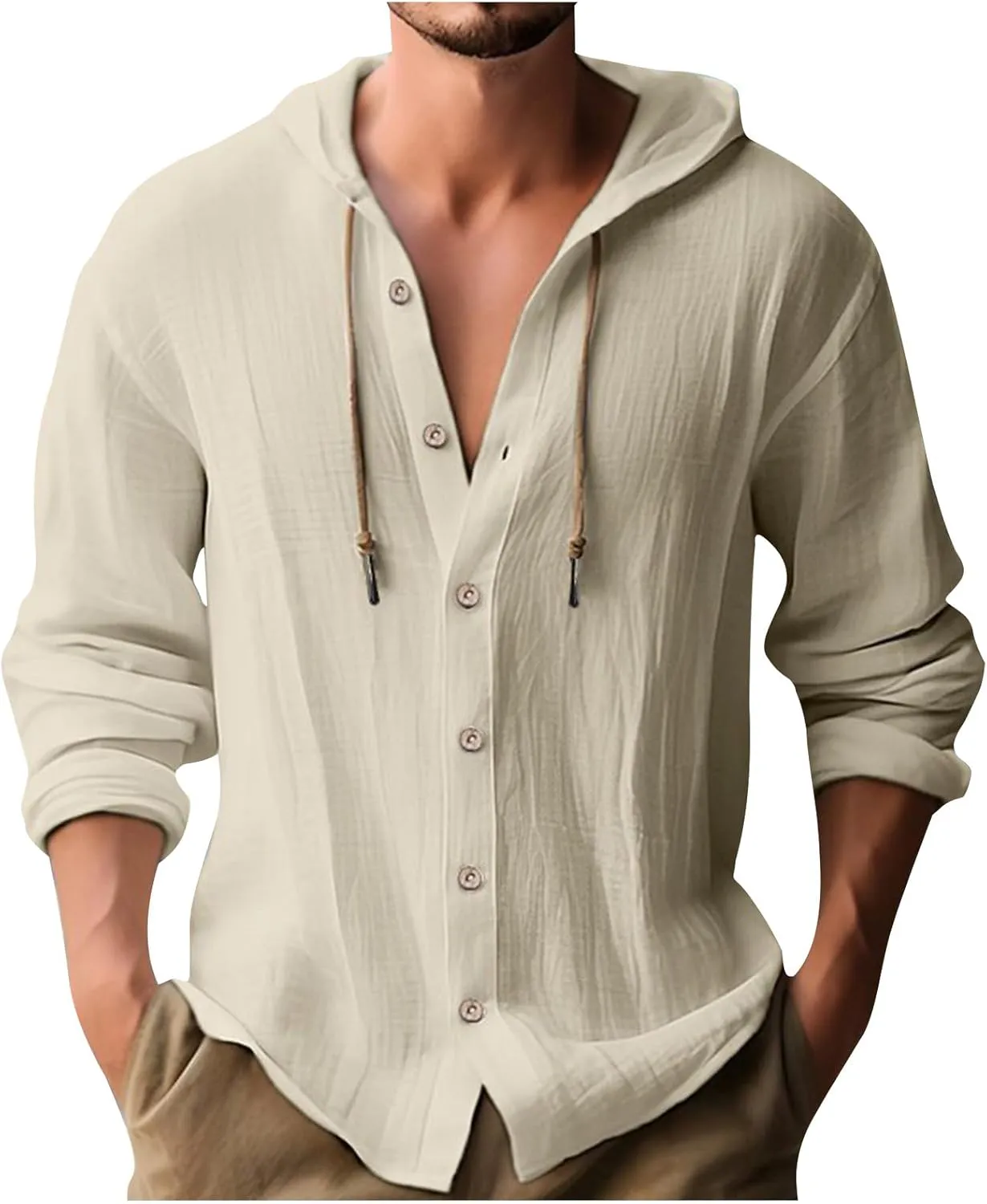 Men Casual Button Down Shirts Long Sleeve Hooded Pollover Tops Fashion Solid Cotton Linen Shirts Quick Dry