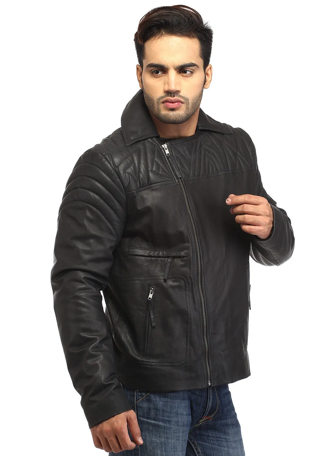 Men Leather Asymmetrical Quilted Biker Jacket