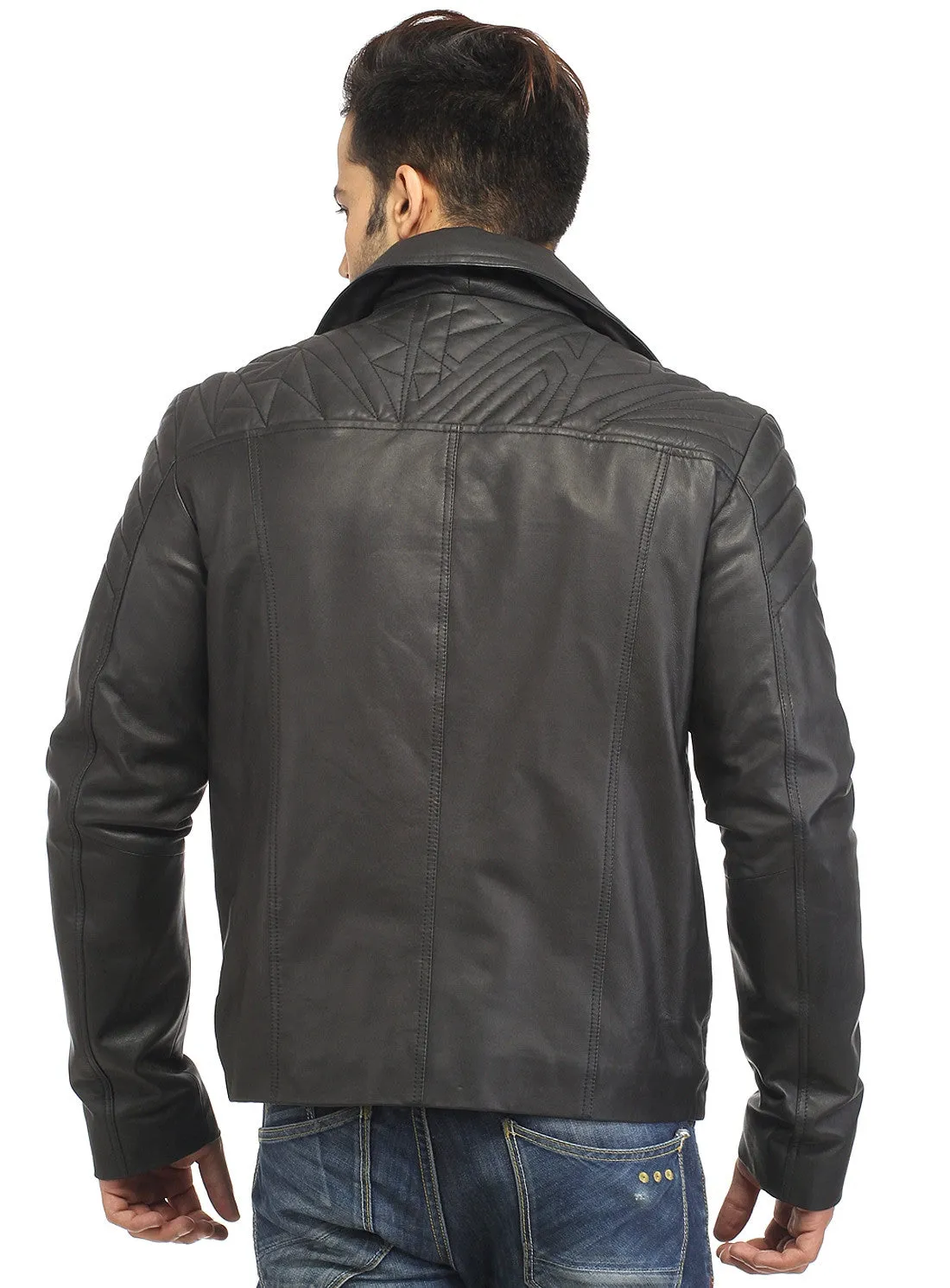 Men Leather Asymmetrical Quilted Biker Jacket