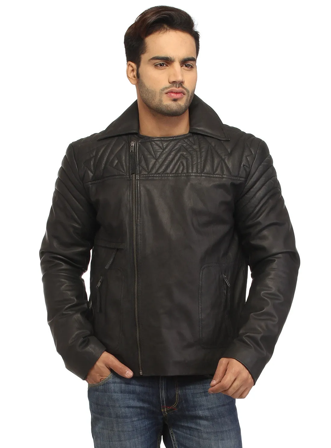 Men Leather Asymmetrical Quilted Biker Jacket