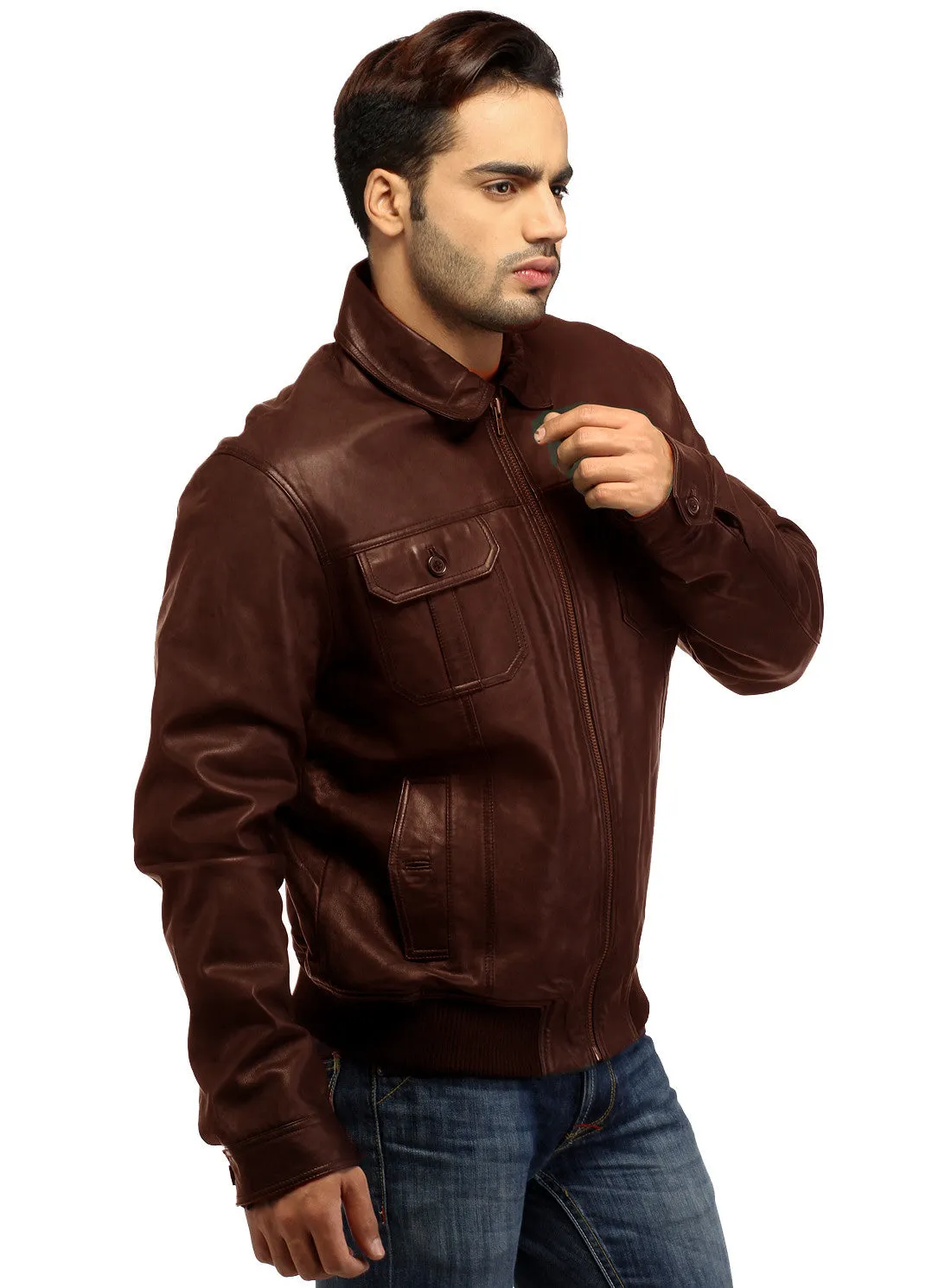 Men Real Leather Ribbed  Biker Look Bomber Jacket