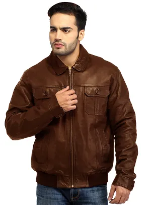 Men Real Leather Ribbed  Biker Look Bomber Jacket