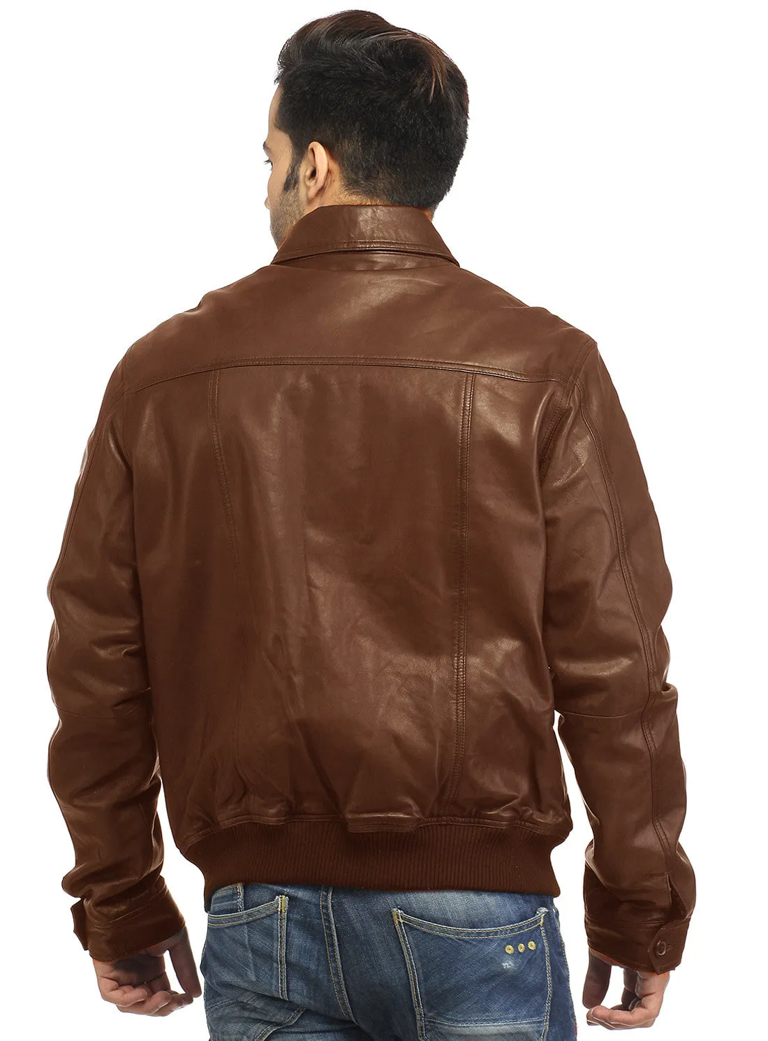 Men Real Leather Ribbed  Biker Look Bomber Jacket