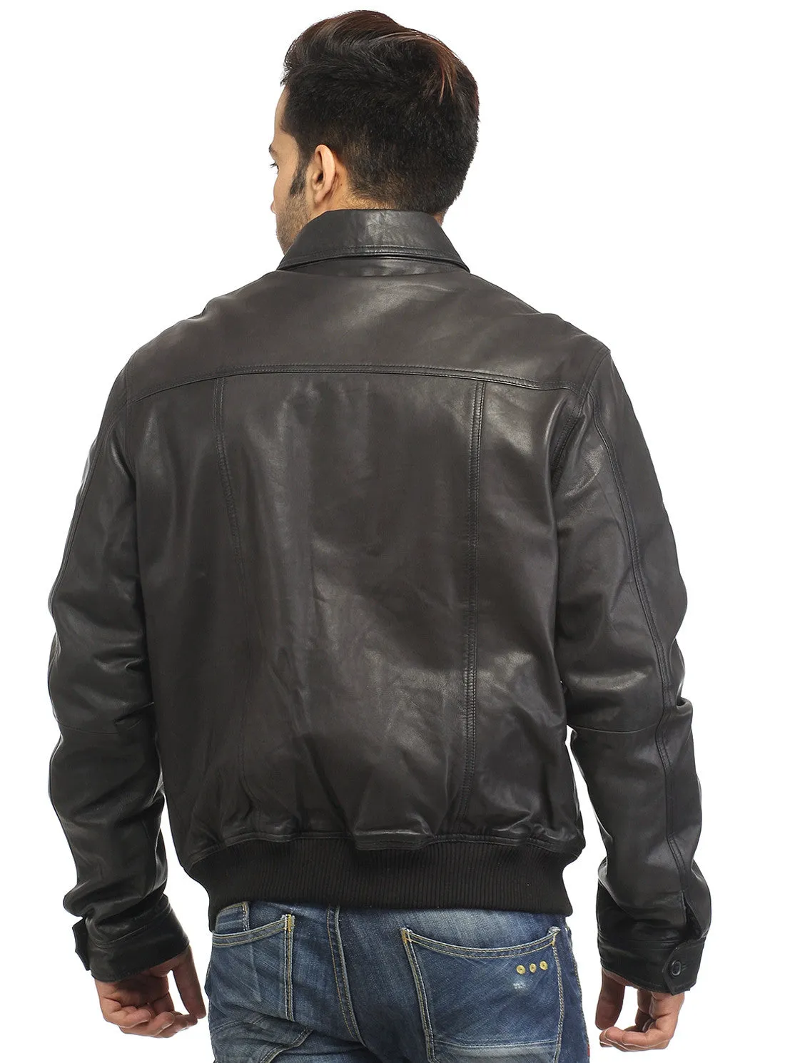 Men Real Leather Ribbed  Biker Look Bomber Jacket