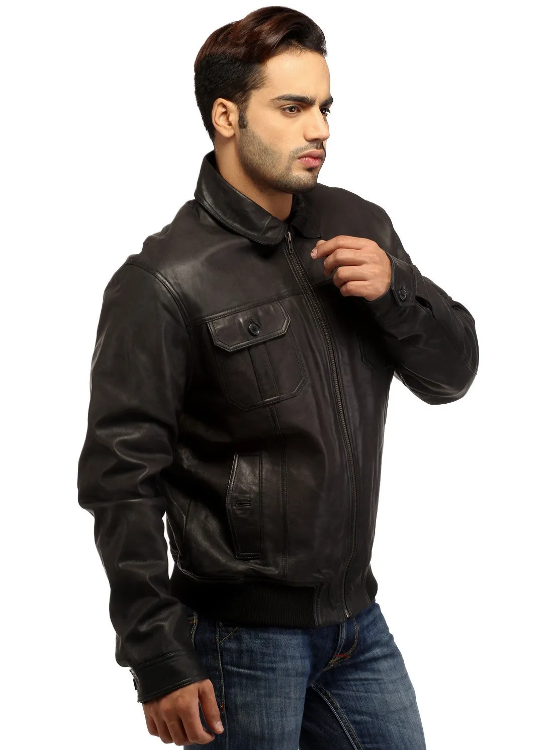 Men Real Leather Ribbed  Biker Look Bomber Jacket
