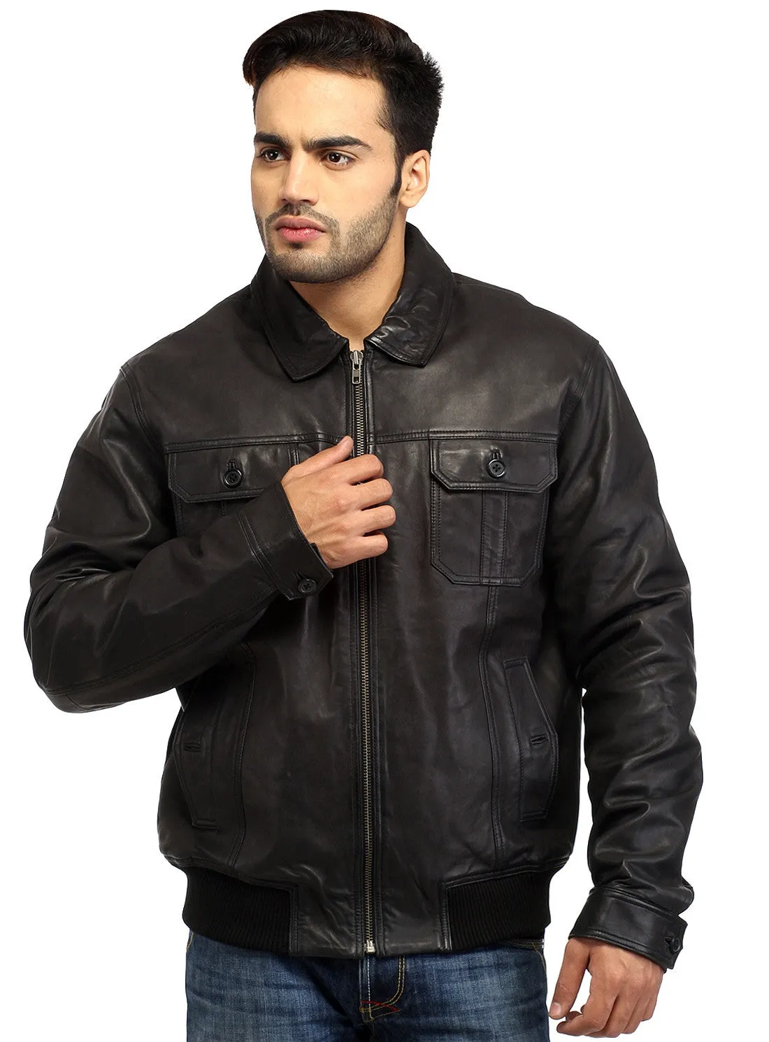 Men Real Leather Ribbed  Biker Look Bomber Jacket