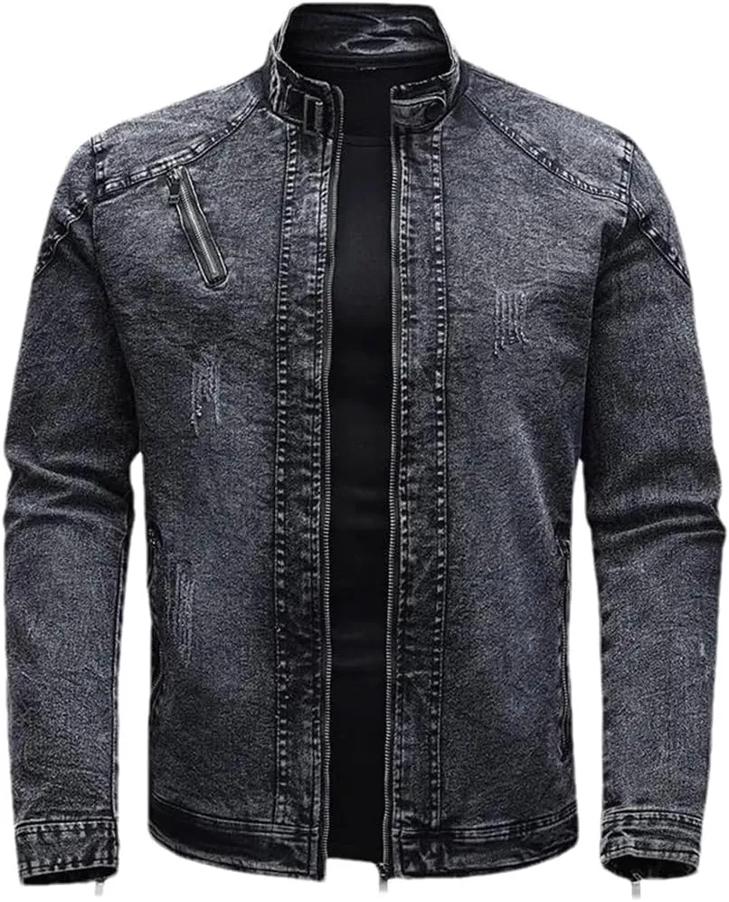 Men Spring Motorcycle Denim Jacket Retro Zippers Stand Collar Denim Coats Slim Fit Denim Trucker Coat