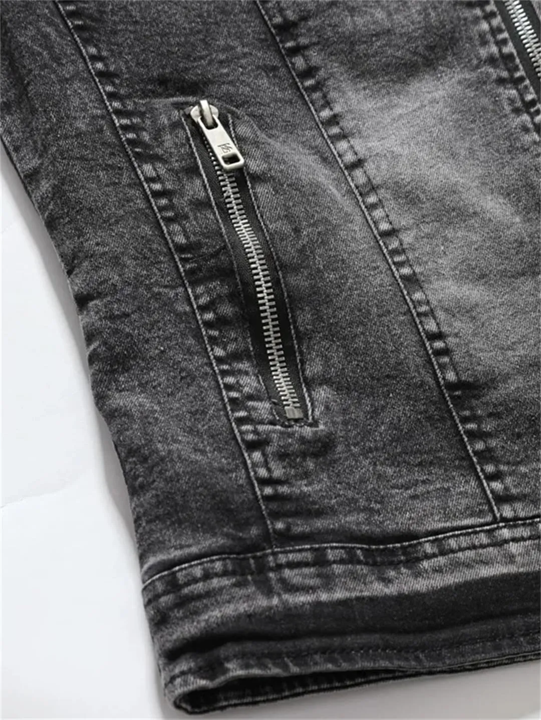 Men Spring Motorcycle Denim Jacket Retro Zippers Stand Collar Denim Coats Slim Fit Denim Trucker Coat